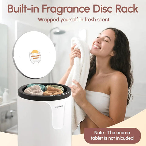 Woman enjoying fresh towel beside Heavy Duty Iron Adjustable Towel Warmer Stand No More Bending Over Elevates Towels Up To 9 Inches