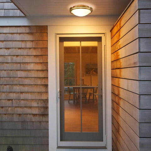 Entrance with Gold 2-Light Flush Mount Ceiling Light With Milk Glass Shade, Brass Finish, Mid Century Modern Design, 12-Inch Wide Hardwired Fixture