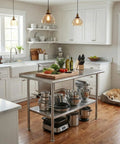 All Stainless Steel Prep Table 24 By 48 Inch With Rounded Corner Backsplash Adjustable Undershelf in a kitchen setting