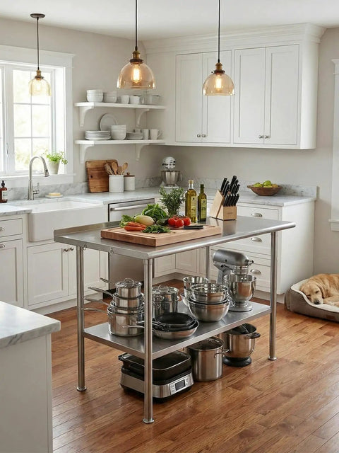 All Stainless Steel Prep Table 24 By 48 Inch With Rounded Corner Backsplash Adjustable Undershelf in a kitchen setting