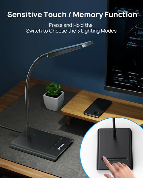 Bright Dimmable Eye Caring Desk Lamp with three color modes, seven brightness levels, touch control shows memory function in use