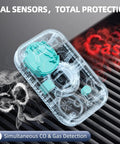 5 In 1 Carbon Monoxide And Gas Detector With Dual Alarm Built In Battery Plug In For Home RV Camping Travel Temperature And Humidity Black Real Time Alerts And Battery Backup For Peace Of Mind No Fuss showing transparent internal sensors and gas detection