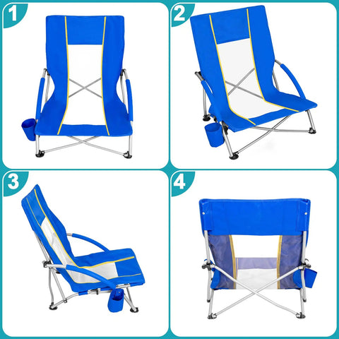 2 Pack Lightweight Low Beach Chairs With Breathable Mesh Back, folding portable sand chairs, side and back views, blue