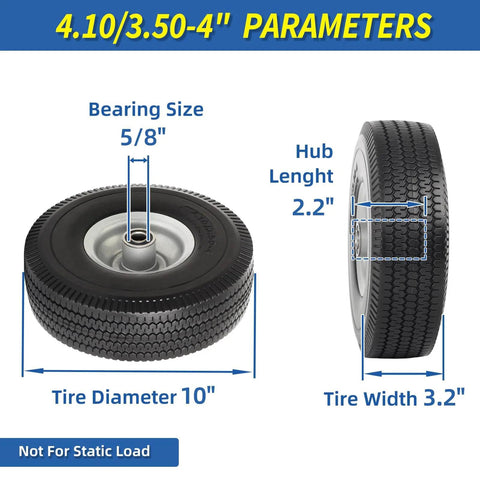 Flat Free 10 Inch Solid Tire Wheel For Hand Trucks Garden Wagons Carts Trolleys And Dollies Replacement 4.10/3.50-4 specs