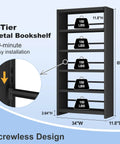 Rock Solid 5 Tier Metal Bookshelf Black Heavy Duty Industrial Bookcase 69 Inches Tall showing dimensions and weight capacity markings.
