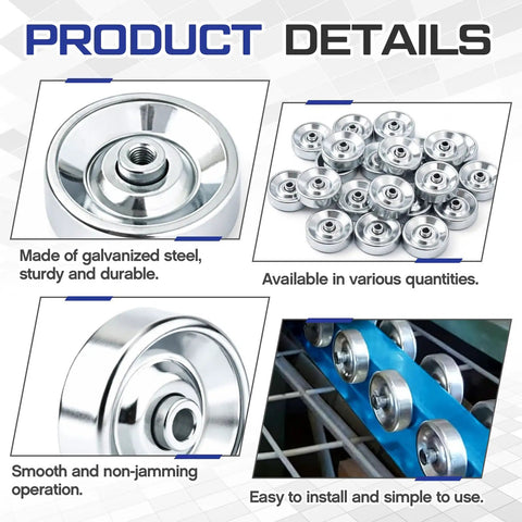 Product details of 50 Pcs Metal Conveyor Skate Wheels Replacement Set for Flow Rail Systems, zinc plated steel wheels.