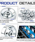 Product details featuring 20 Pcs Metal Conveyor Skate Wheels Replacement Set For Flow Rail Systems, Galvanized Zinc Plated Steel Construction
