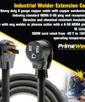 Rugged Welder Extension Cord 50 Amp 250V SOOW Rated NEMA 6-50 Heavy Duty Welding Cable 6 Gauge 25 Ft Flexible Copper Terminals For Industrial Welders In Tough Shop Environments, black 6-gauge cord with NEMA 6-50 plug and receptacle