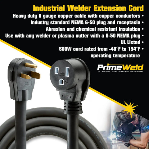 Rugged Welder Extension Cord 50 Amp 250V SOOW Rated NEMA 6-50 Heavy Duty Welding Cable 6 Gauge 25 Ft Flexible Copper Terminals For Industrial Welders In Tough Shop Environments, black 6-gauge cord with NEMA 6-50 plug and receptacle