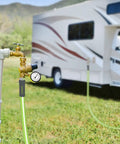 RV Water Pressure Regulator for Campers and Travel Trailers with Brass Lead Free Reducer Kit Adjustable Valve and Inlet Screen Filter Protect Your RV Water System from High Pressure While You Roll Up To 160 PSI connected to RV hose