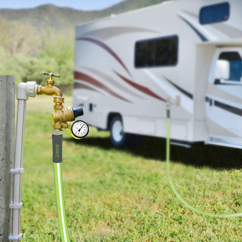 RV Water Pressure Regulator for Campers and Travel Trailers with Brass Lead Free Reducer Kit Adjustable Valve and Inlet Screen Filter Protect Your RV Water System from High Pressure While You Roll Up To 160 PSI connected to RV hose