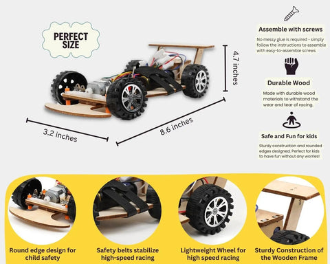 Wireless Remote Control Wooden F1 Racing Car Upgraded Competition Edition Three Color Pack For Kids RC Car Kit STEM Learning Science Experiment Fun Buildable Model Car, 8.6 inches