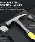 Upgrade Geology Rock Hammer Kit Bundle With 33.8 Oz Pick showing stainless steel rock pick hammer with square head and pointed tip.