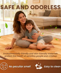 Mother and child sitting on Cozy Imitation Wood Heated Floor Mat With Adjustable Temperature And 12 Hour Timer in living room.