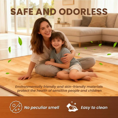 Mother and child sitting on Cozy Imitation Wood Heated Floor Mat With Adjustable Temperature And 12 Hour Timer in living room.