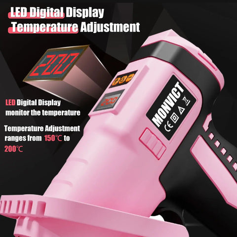Close-up of Cool Cordless Hot Glue Gun With Digital Display showing LED temperature range, pink design.