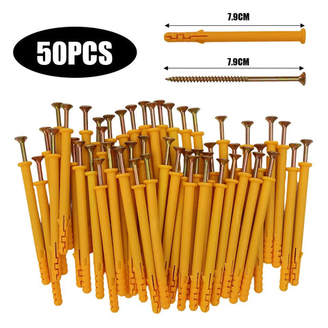 Built Like A Tank 50 Piece Concrete Drywall Anchor Set With Rock Solid Plastic Expansion Sleeves And Razor Sharp Self Tapping Flat Head Screws showing yellow plastic plugs and flat head screws.