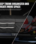 Grab And Go Trunk Storage Organizer For Cars SUVs And Trucks Collapsible Multi Size System with items packed in black organizer.