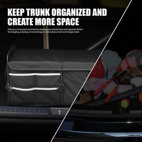 Grab And Go Trunk Storage Organizer For Cars SUVs And Trucks Collapsible Multi Size System with items packed in black organizer.