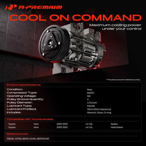 Heavy Duty AC Compressor Assembly With Clutch And PreFilled PAG46 Oil Boss Four Groove Pulley Built Tough Fits Toyota Yaris 1 5L 2007 2012 close-up view