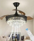 42 Inch Black Dimmable LED Fandelier Ceiling Fan with Light, retractable crystal blades, shown in modern living room with remote