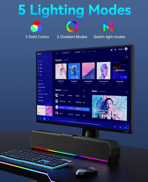 USB C Powered Desktop Speakers For PC Laptop Monitor And Tablet with RGB under monitor, colorful light modes displayed