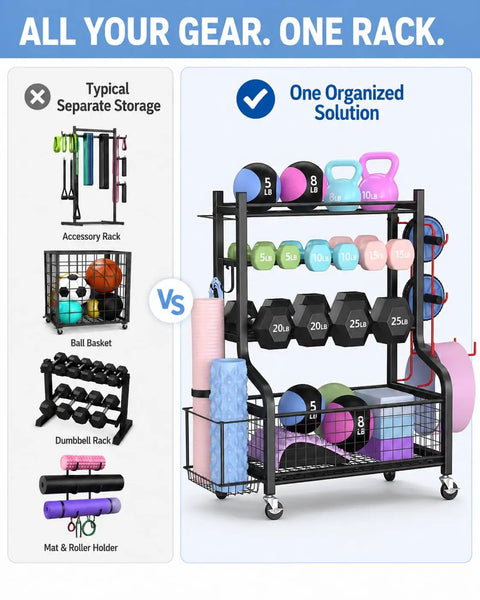 Heavy Duty Steel Dumbbell Rack With Smooth Rolling Caster Wheels Built Tough For Easy Peasy Home Gym Organization Keeps Kettlebells Yoga Mats Resistance Bands And All Your Favorite Fitness Gear Safe And Sound