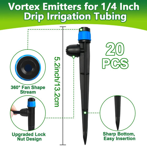 Image of 20 Pack Adjustable 360 Degree Drip Irrigation Emitters With 5 Inch Stakes For Quarter Inch Tubing, Vortex Fan Shape Drippers.