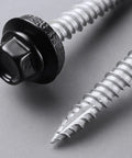 Heavy Duty Number 10 X 1 Inch Metal Roofing Screws Pack Of 80 Black Rustproof Hex Heads With Seamless Neoprene Washers showing close-up hex and auger tip.
