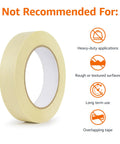 Side view of beige masking tape, 0.94 inch x 180 feet, six rolls not for heavy-duty or textured surfaces. Focus keyword: Beige Masking Tape Pack With 0.94 Inch Width And 180 Feet Length Six Rolls Of Light Duty Crepe Tape With No Fuss Low Tack Adhesive For Easy Bundling Splicing Labeling And Indoor Projects.