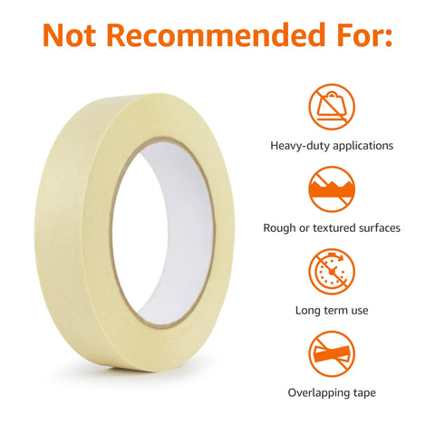 Side view of beige masking tape, 0.94 inch x 180 feet, six rolls not for heavy-duty or textured surfaces. Focus keyword: Beige Masking Tape Pack With 0.94 Inch Width And 180 Feet Length Six Rolls Of Light Duty Crepe Tape With No Fuss Low Tack Adhesive For Easy Bundling Splicing Labeling And Indoor Projects.