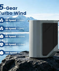 Beast Mode Portable Waist And Neck Fan With 14000 RPM Airflow, rechargeable clip-on design on rocky outdoor surface.