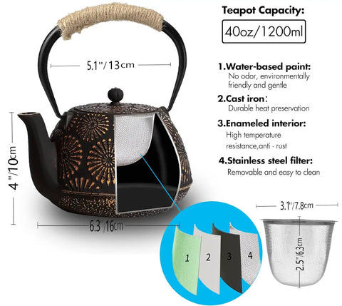 Tetsubin Style Cast Iron Teapot 40oz Enamel Coated Stovetop Kettle With Stainless Steel Infuser And Heat Resistant Handle