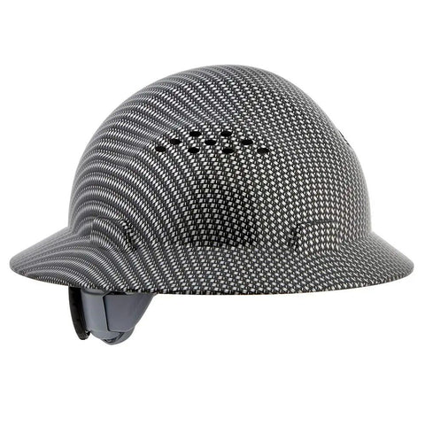 Side view of Blockhead Fiberglass Hard Hat With Full Brim For Construction Sun And Rain Protection Comfortable All Day Wear ANSI Z89.1 OSHA Compliant