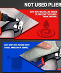Five Blade Hand Crimper with ergonomic TPR handle being cleaned with cloth and anti-rust oil applied to prevent corrosion, close-up view