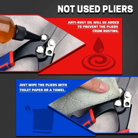 Five Blade Hand Crimper with ergonomic TPR handle being cleaned with cloth and anti-rust oil applied to prevent corrosion, close-up view