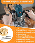 Solid Brass Inlay Router Kit For Quarter Inch Templates in use with various compatible routers on a wooden surface