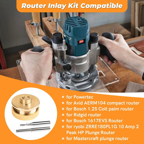 Solid Brass Inlay Router Kit For Quarter Inch Templates in use with various compatible routers on a wooden surface