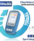 APOWER Geiger counter radiation detector, blue handheld dosimeter with LCD display; USB-C charging cable.