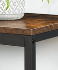 Corner detail of the Industrial Three Tier Shoe Bench Organizer With Mesh Shelves in rustic brown finish.