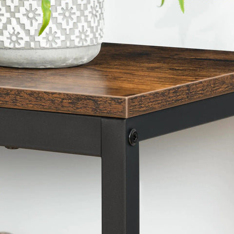 Corner detail of the Industrial Three Tier Shoe Bench Organizer With Mesh Shelves in rustic brown finish.