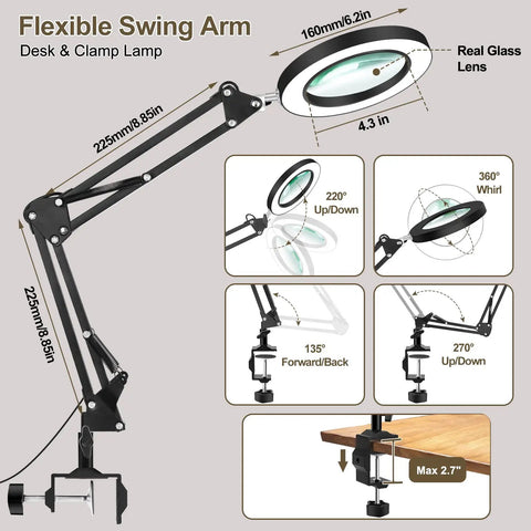 Diagram of LED Magnifying Glass Desk Lamp With Clamp For Reading And Craft Workbench showing swivel arm and clamp dimensions.