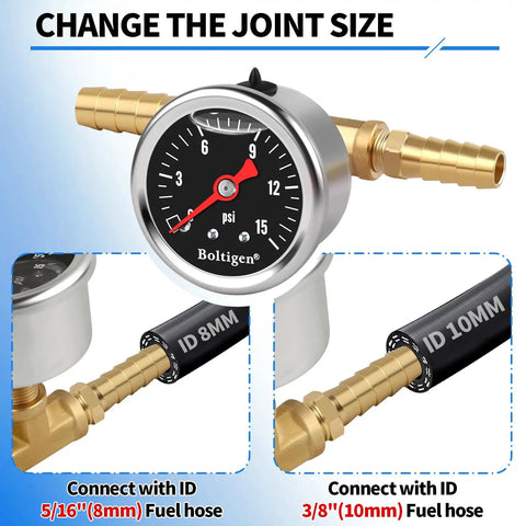 Dead Nuts Accurate Fuel Pressure Gauge Kit 0 To 15 Psi Glycerin Filled Dial showing connection options for different fuel hose sizes.