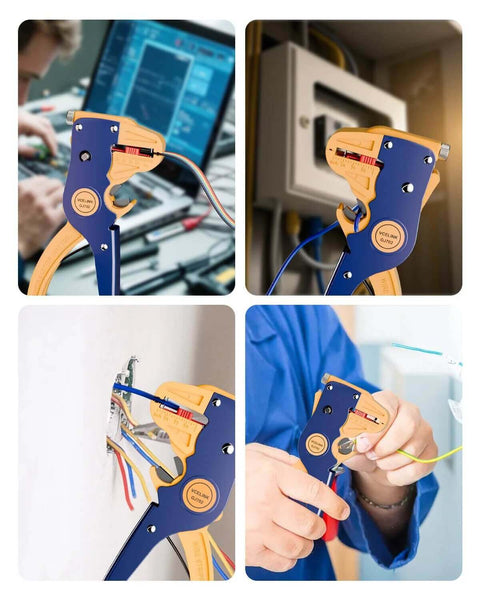 2 In 1 Quick Strip Wire Stripper And Cutter For 14 To 24 AWG Solid And Stranded Wires in use by technicians, close-up