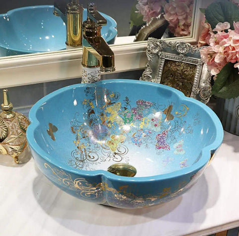 USZWBY Bathroom Vessel Sink, Countertop Basin Ceramic Sink in blue with floral design, round shape, decorative countertop use.