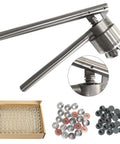 20mm Vial Manual Crimper Hand Sealing Machine with 100 vials stoppers and caps, stainless steel 304 construction, for medical bottles.