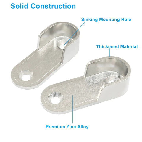 Two Pack Oval Closet Rod End Supports Flanges In Zinc Alloy Nickel Plated Finish, Rust Resistant Pole Brackets For 15mm x 30mm Oval Rods, Includes 4mm x 20mm Screws And Wall Anchors For Easy Install. Zinc alloy oval rod end supports with mounting holes