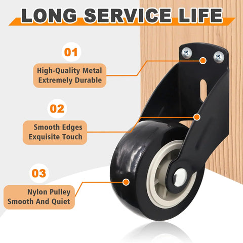 2 Inch Door Support Wheel And Gate Roller Replacement Kit With Included Screws To Patch Up Drooping Screen Doors Quick Roll Slick On Classic Wood Fences Stress Free DIY Weekend Swap close-up of nylon gate wheel attached to wood.