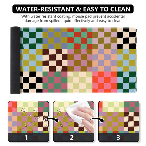 Retro Checkered Desk Mat Large Mouse Pad For Gaming And Work Ultra Smooth Surface Anti Slip With Stitched Edges XXL Keyboard Pad Extended Desk Protector For Computer Desk 35.4 x 15.7 Inches shown with water resistance demonstration