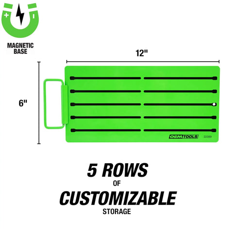 Pro Magnetic Socket Tray With Customizable Ratchet Organizer And Adjustable Drive Studs showing dimensions and magnetic base logo.